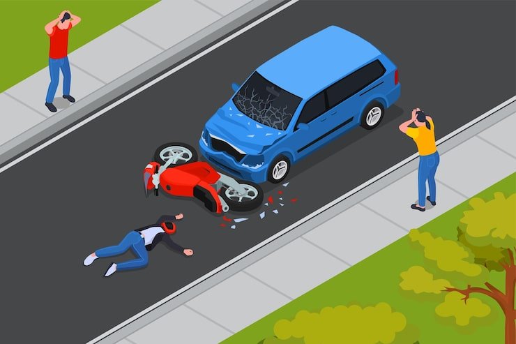 traffic-accident-isometric-composition-with-crash-car-motorcycle-injured-motorcyclist-road-bystanders-vector-illustration_1284-71289
